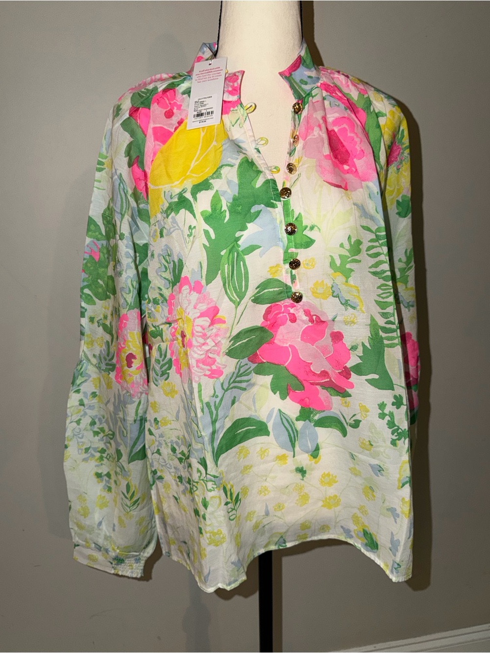 Lilly Pulitzer Floral Balloon-Sleeve Blouse in White, Green & Pink - Picture 7 of 9